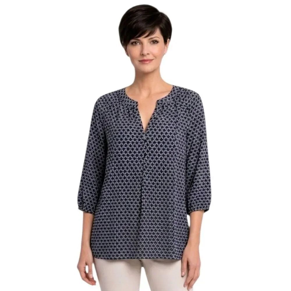 Dalia Collection Navy Blue Patterned Split Neck 3/4 Sleeve Chiffon Blouse Size M
